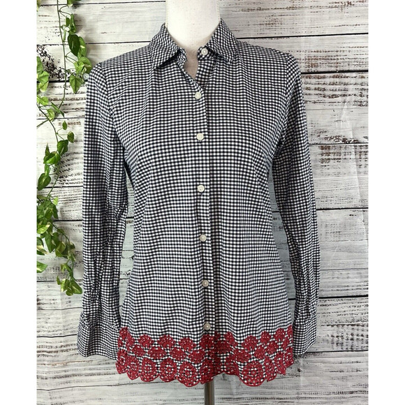 Tommy Hilfiger Blouse size Extra Small Navy Blue White Gingham Red Eyelet Casual - Picture 1 of 13